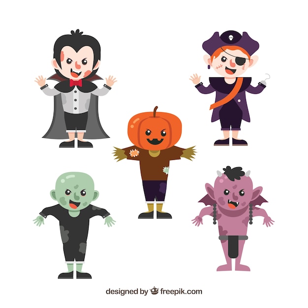 Pack of five children with halloween costumes