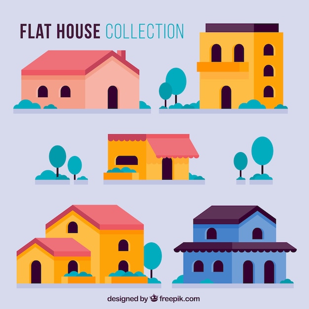 Pack of five colored houses in flat design