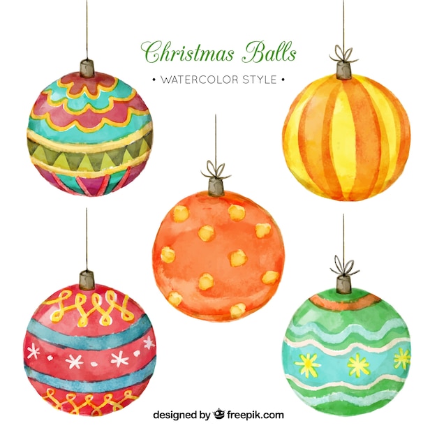 Pack of five watercolor ornamental christmas balls 