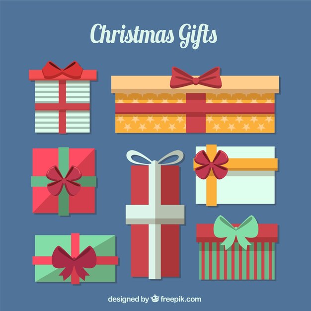 Pack of flat christmas gifts with bows