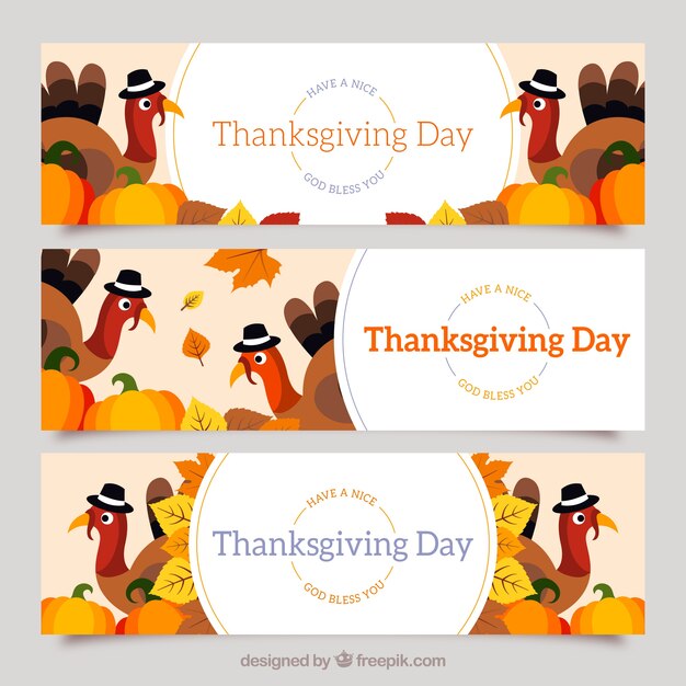 Pack of flat thanksgiving banners with turkeys and pumpkins