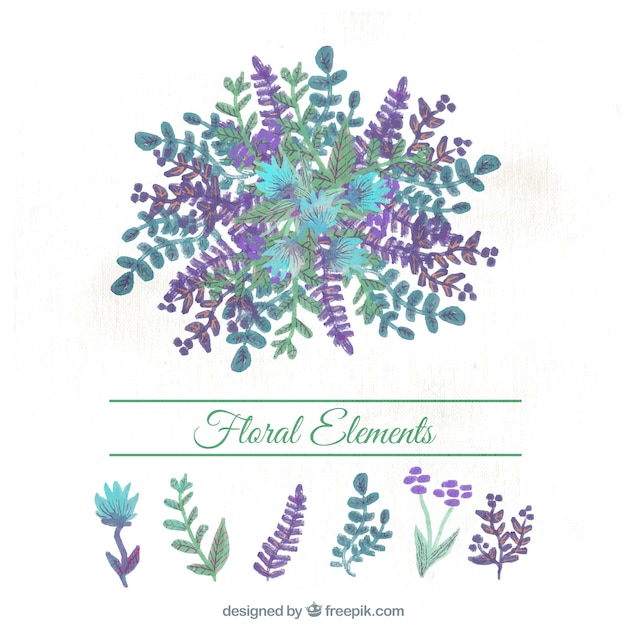 Pack of floral watercolor elements in vintage style
