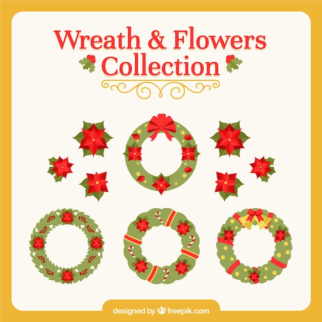 Free vector pack of floral wreaths and christmas in flat design