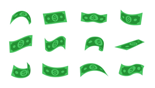 白い背景の上の空飛ぶアメリカの現金ドルのパック。米ドル通貨お金雨漫画ベクトルイラストセット。ビンゴ賞またはジャックポットの勝利、銀行、金融、投資の概念