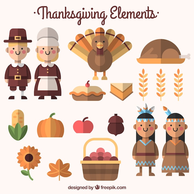 Pack of food and thanksgiving characters in flat design