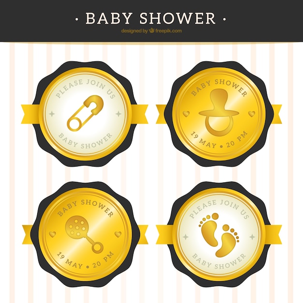 Free vector pack of four black and golden baby shower badges