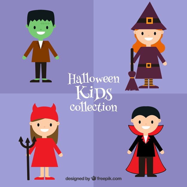 pack of four children with halloween costumes