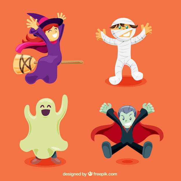 Pack of four children with halloween costumes