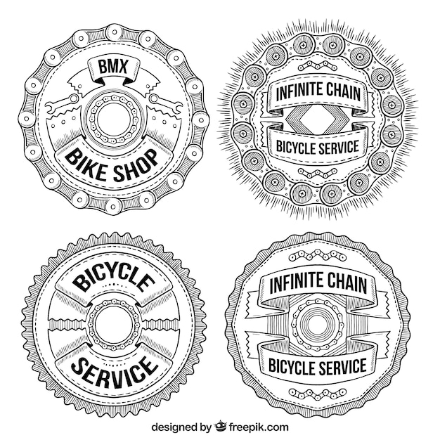 Pack of four circular hand drawn bike badges