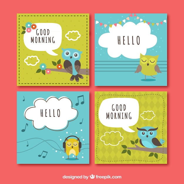 Pack of four colored greeting card with cute owl