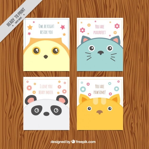 Pack of four cute animal cards in flat design