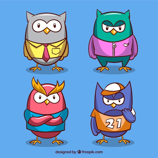 Free vector pack of four drawings of owls