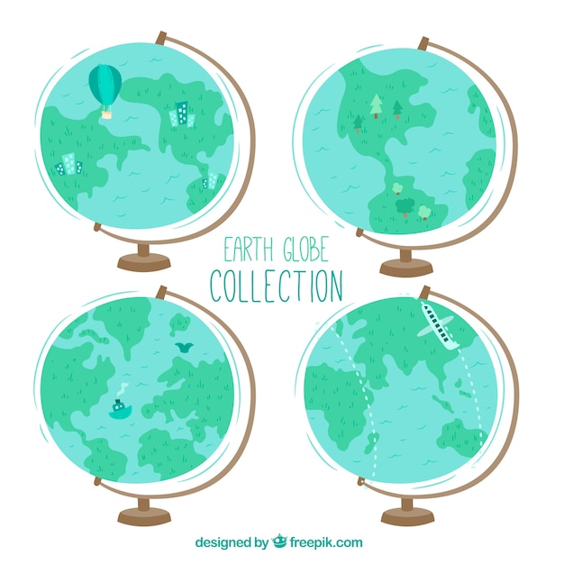 Free vector pack of four earth globes with decorative elements