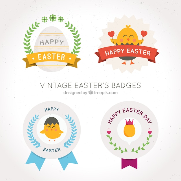 Free vector pack of four easter badges in vintage style