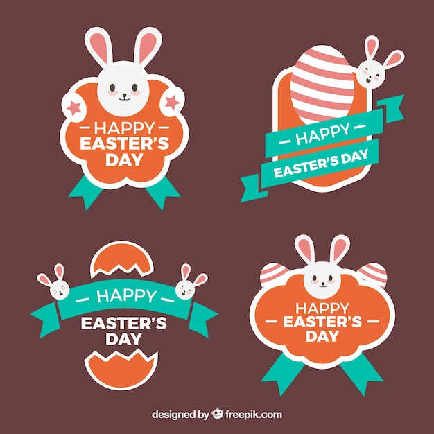 Free vector pack of four easter badges with blue ribbons