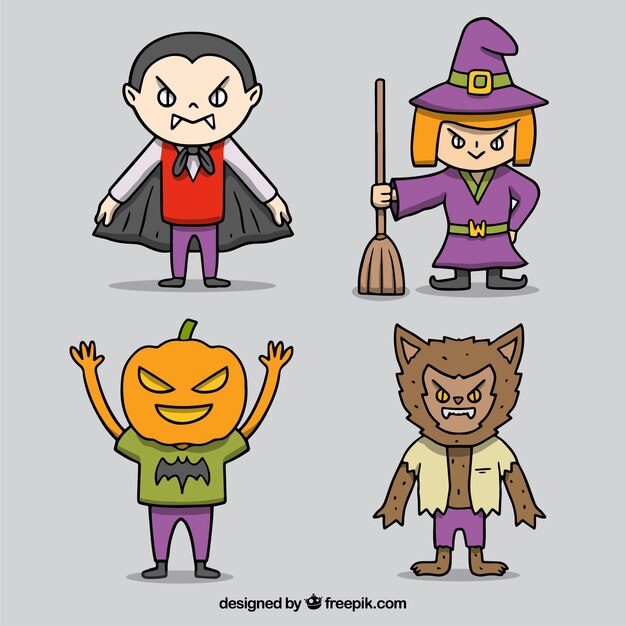 手で描かれた4人のハロウィーンのキャラクターのパック