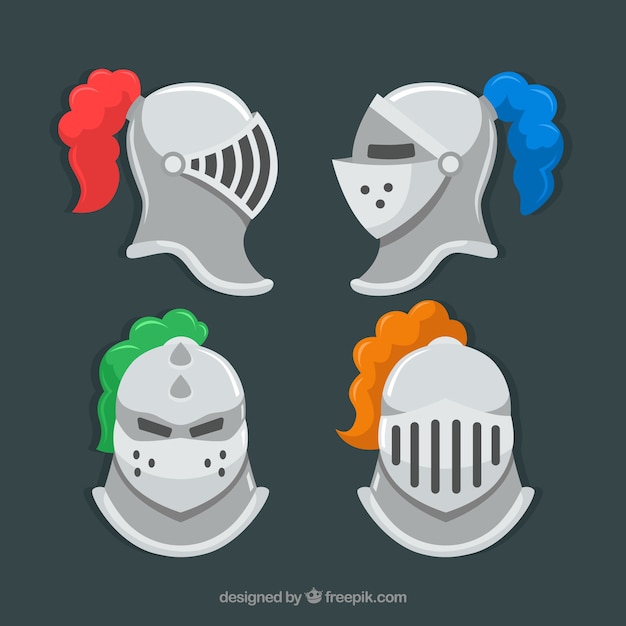 Pack of four helmets of armor in flat design