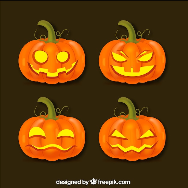 Free vector pack of four illuminated halloween pumpkins