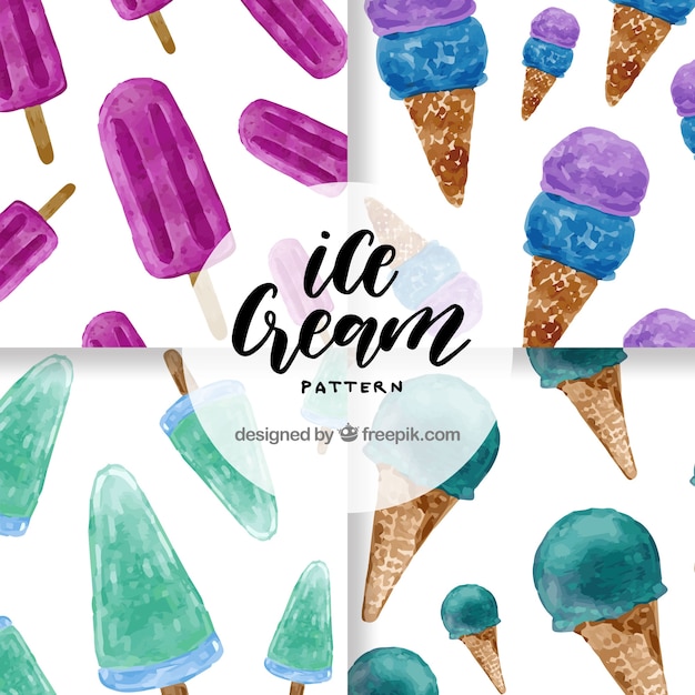 Free vector pack of four patterns with watercolor ice creams