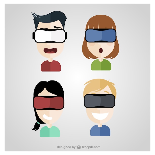 Pack of four people with virtual reality glasses