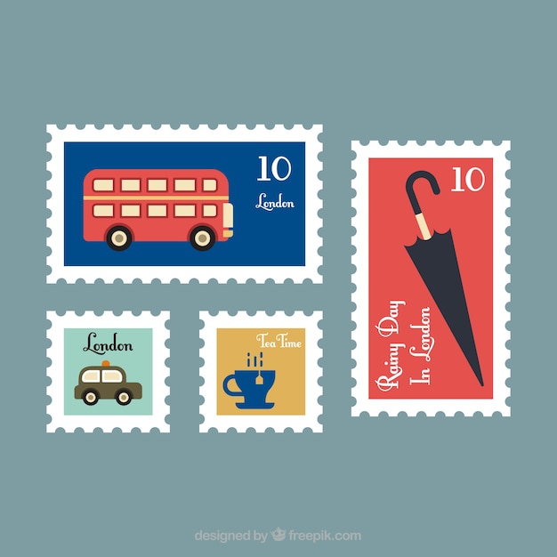 Pack of four post stamps with colored items