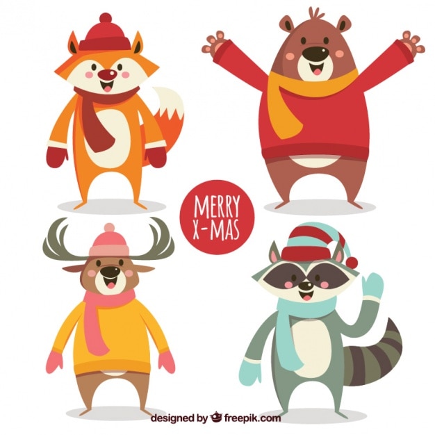 Pack of four smiling animals with winter accessories