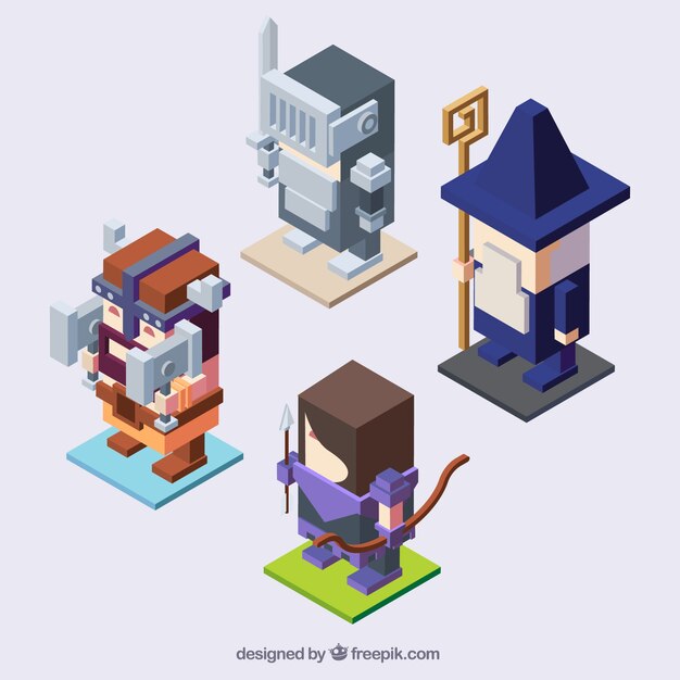 Pack of four video game characters in isometric design 