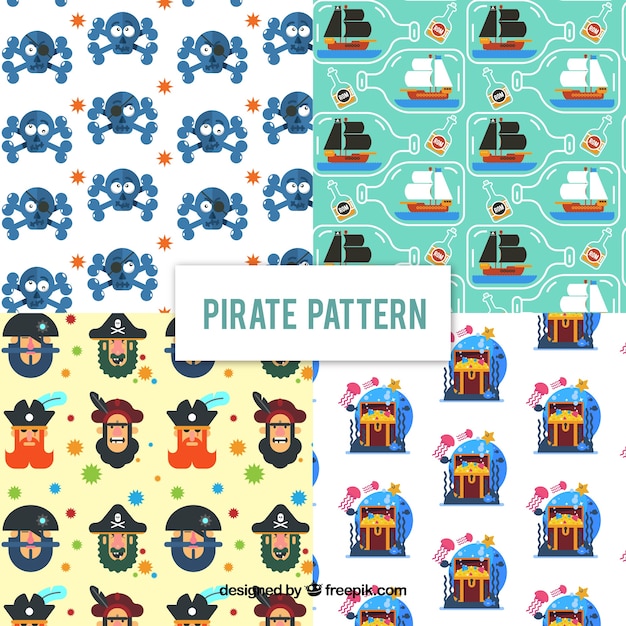 Pack of funny pirate patterns in flat design