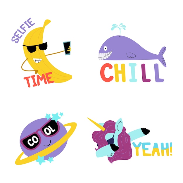 Pack of funny stickers hand drawn