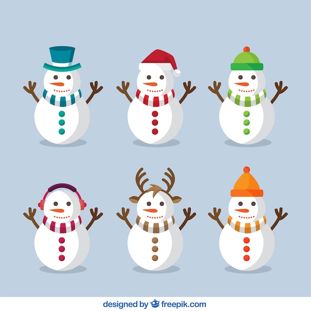 Pack of geometric snowmen with scarves in different colors