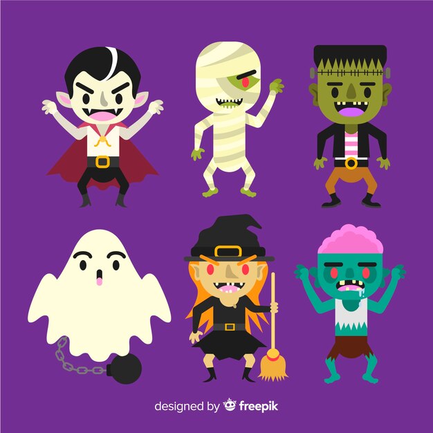 Pack of halloween characters flat design