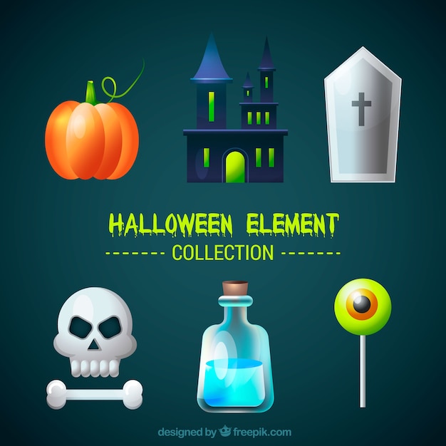 Vettore gratuito pacchetto di elementi di halloween con castello e cranio