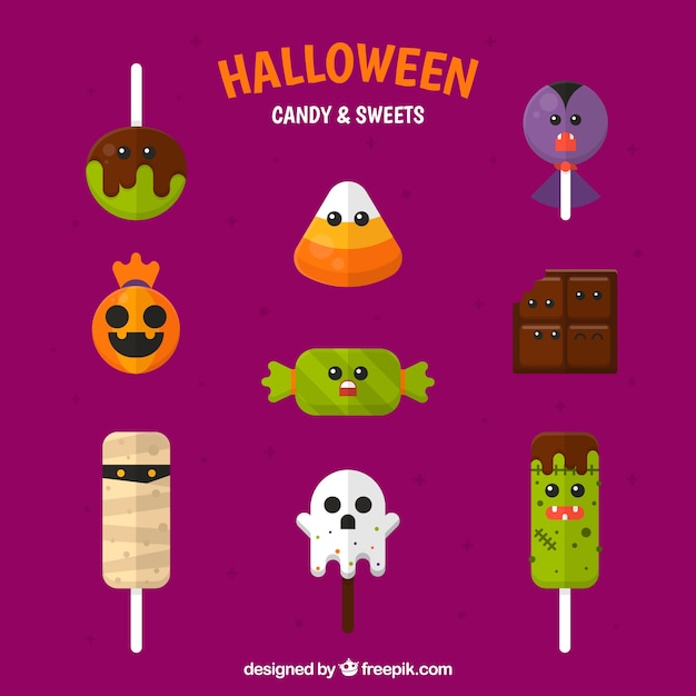 Pack of halloween lollipops in flat design