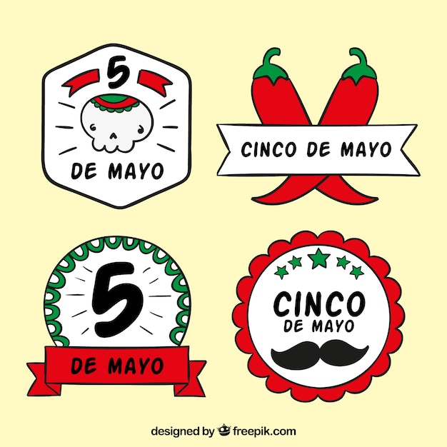 Vettore gratuito confezione di disegnati a mano adesivi cinco de mayo