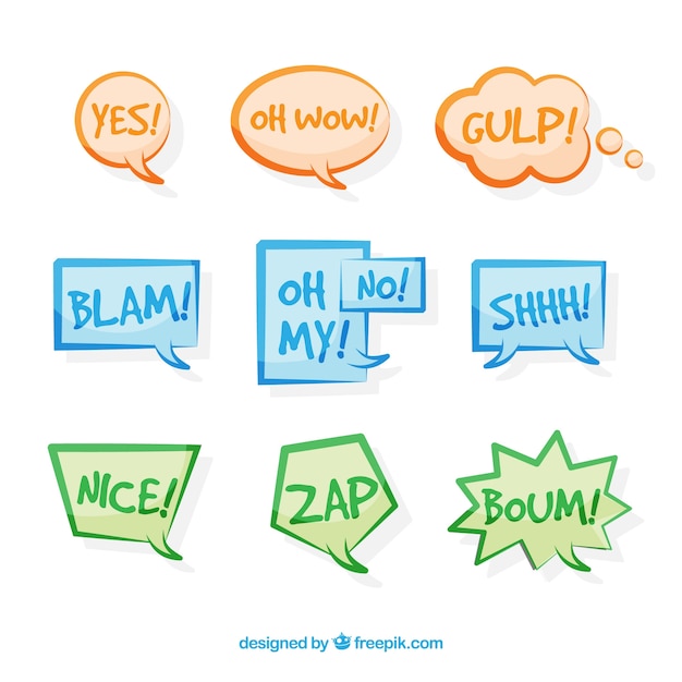 Free vector pack of hand-drawn colored speech bubbles with onomatopoeia