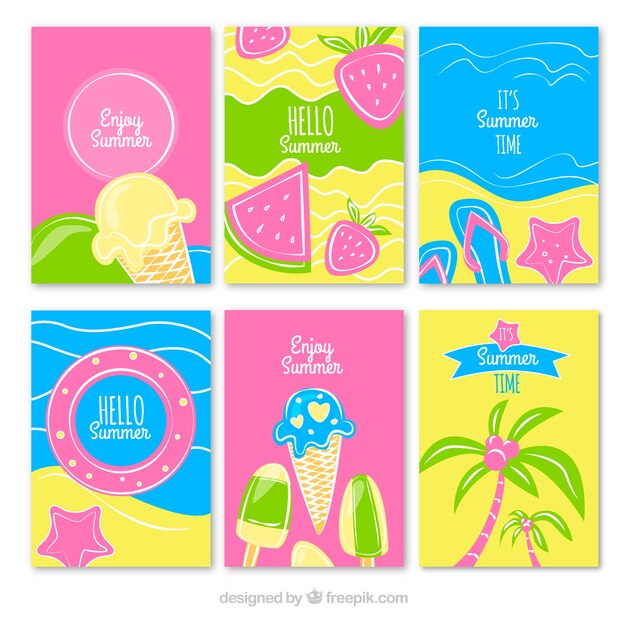 Pack of hand drawn colorful summer cards 