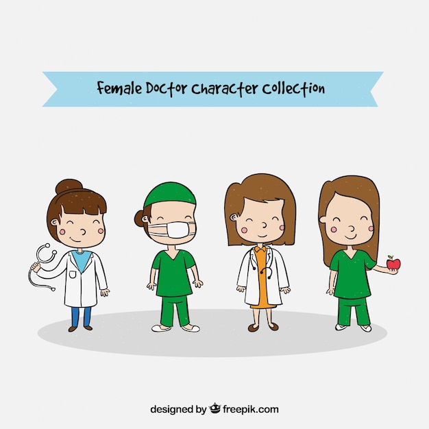 Pack of hand drawn female characters of doctors