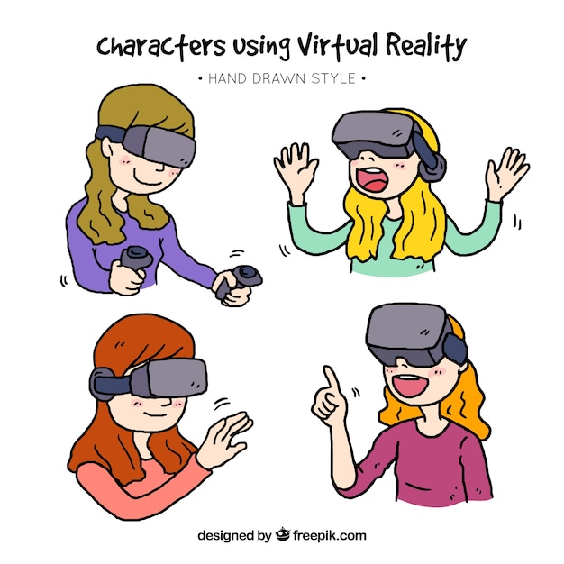 Pack of hand-drawn girls playing with virtual reality glasses