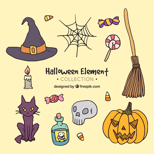 Vettore gratuito pacchetto di accessori disegnati a mano halloween