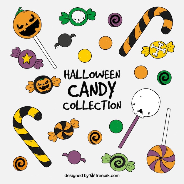 Pack of hand drawn halloween candies and lollipops