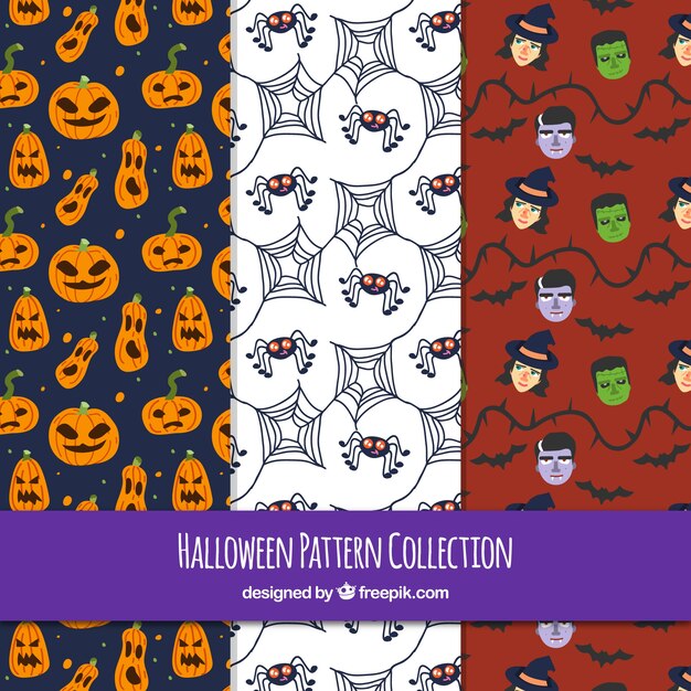 Pack of hand drawn halloween party patterns