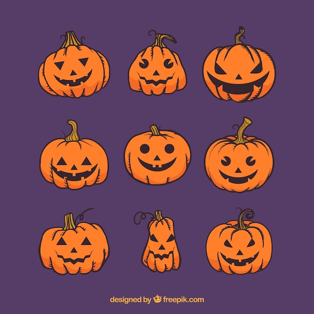 Confezione di zucche di halloween disegnate a mano