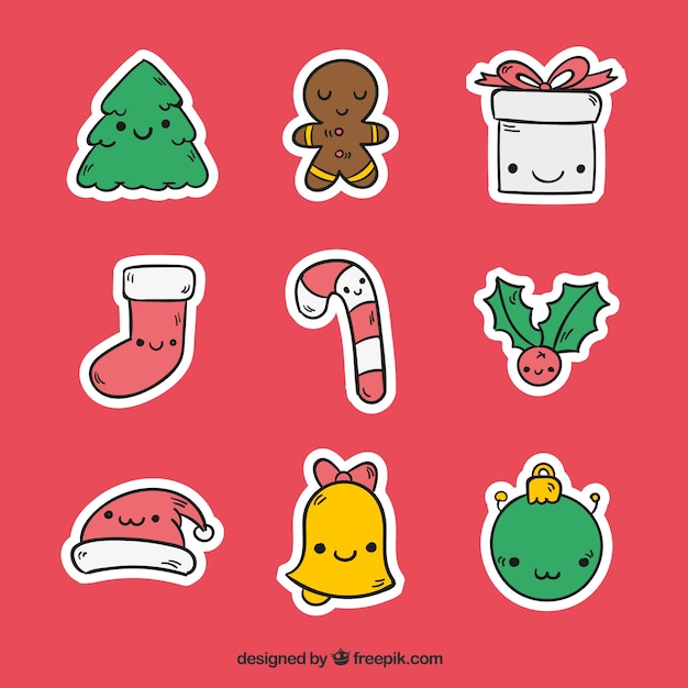 Pack of hand drawn nice christmas stickers with faces