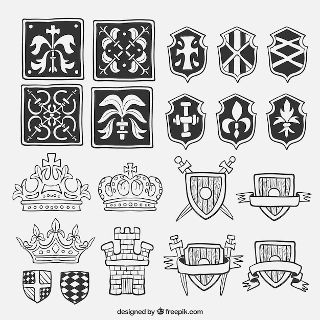 Pack of hand drawn shields and medieval elements