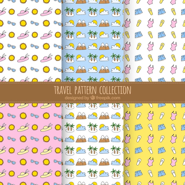 Free vector pack of hand drawn summer and travel elements patterns