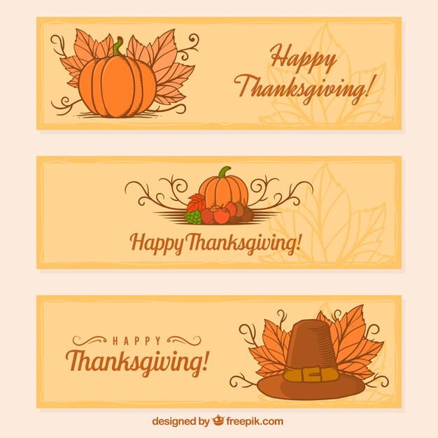 Pack of hand-drawn thanksgiving banners in warm tones