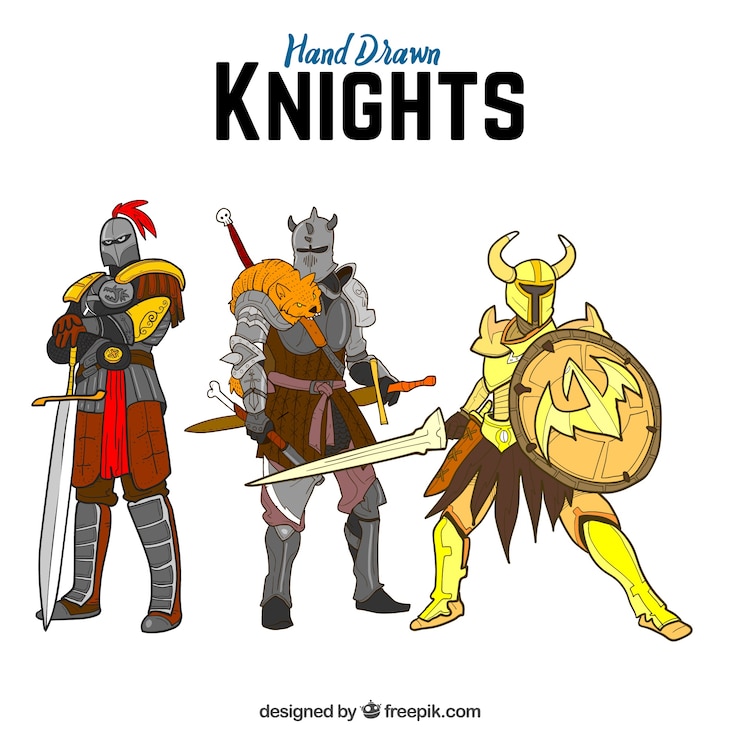 Free Vector pack of hand drawn three warrior knights 