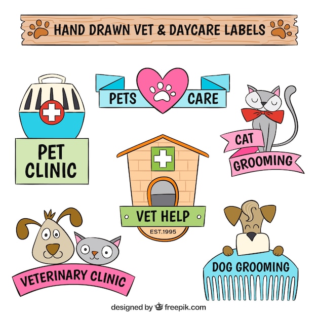 Free Vector pack of hand-drawn vet labels