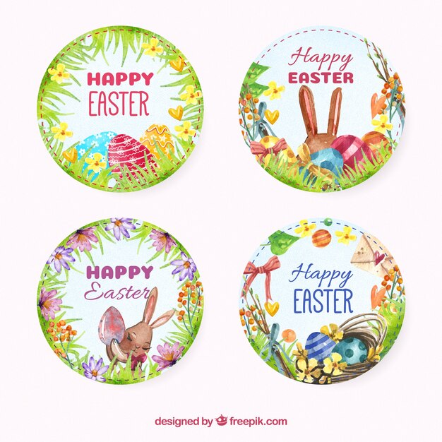 Pack of happy easter watercolor round stickers
