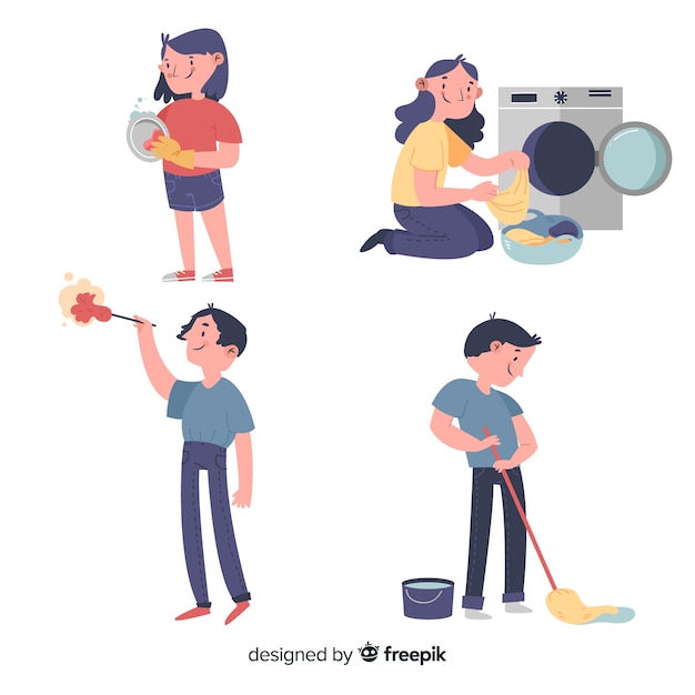 Pack of illustrated people doing housework